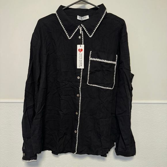 Women's KATE KASIN Blouse Black/White Size 2XL NEW NWT Button Down Plus Size - Picture 1 of 16